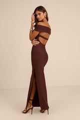 Chastain Brown Ponte Knit Off-the-Shoulder Maxi Dress