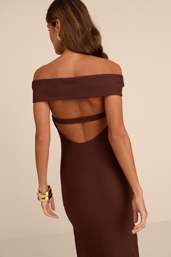 Chastain Brown Ponte Knit Off-the-Shoulder Maxi Dress