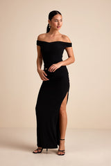 Scotia Black Mesh Ruched Off-the-Shoulder Maxi Dress