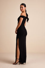 Scotia Black Mesh Ruched Off-the-Shoulder Maxi Dress