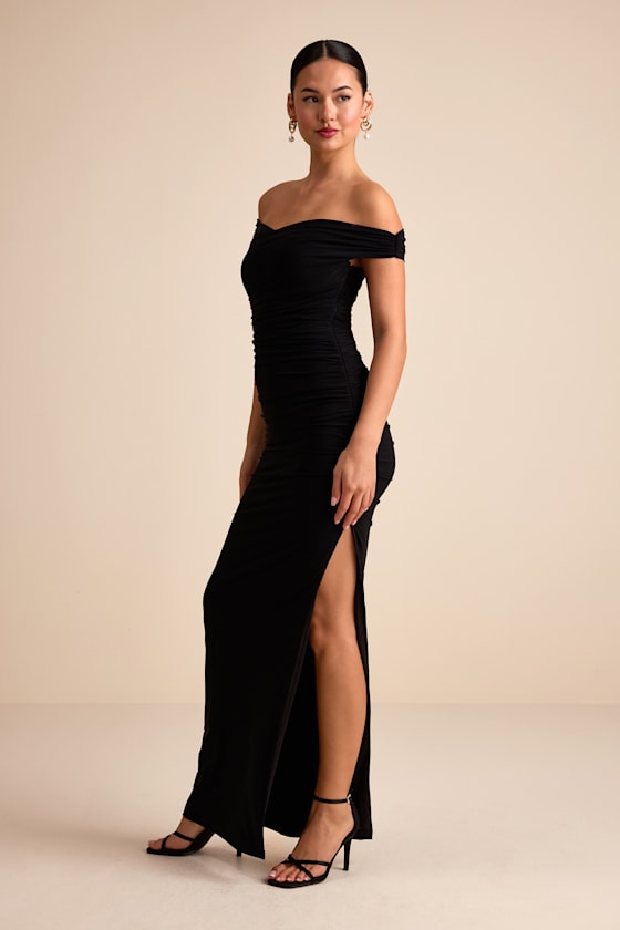 Scotia Black Mesh Ruched Off-the-Shoulder Maxi Dress