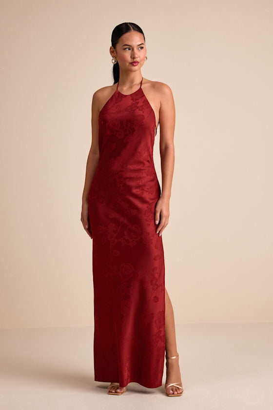 Ayura Rust Red Satin Jacquard Tie-Back Halter Maxi Dress