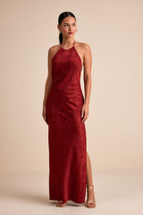 Ayura Rust Red Satin Jacquard Tie-Back Halter Maxi Dress