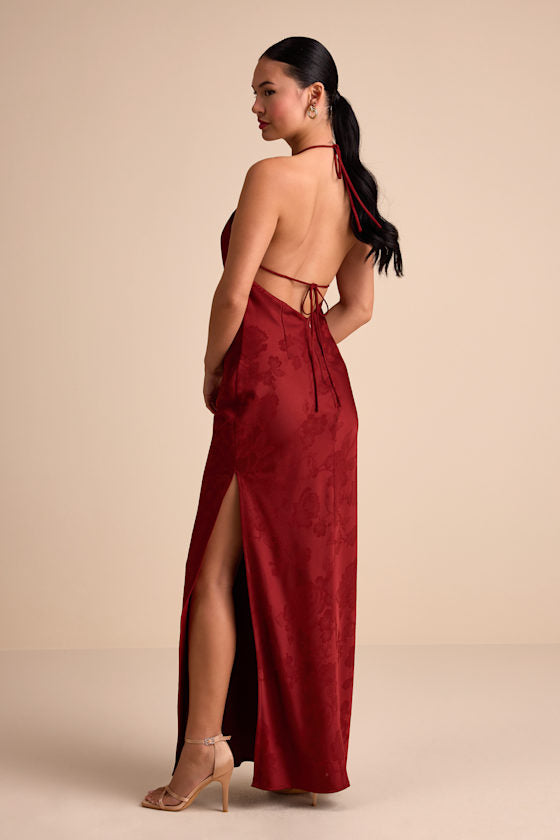 Ayura Rust Red Satin Jacquard Tie-Back Halter Maxi Dress