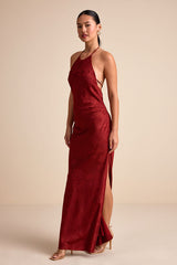 Ayura Rust Red Satin Jacquard Tie-Back Halter Maxi Dress