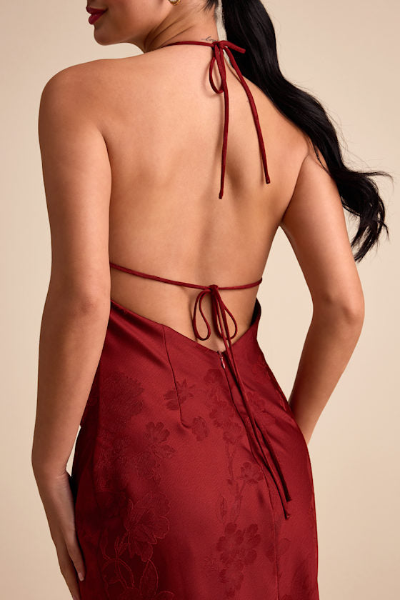 Ayura Rust Red Satin Jacquard Tie-Back Halter Maxi Dress