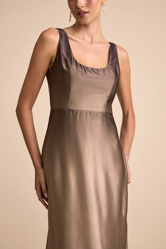 Cerise Brown Ombre Satin Sleeveless Maxi Dress