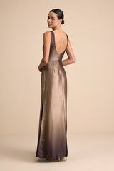 Cerise Brown Ombre Satin Sleeveless Maxi Dress