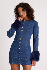Rockefeller Medium Wash Denim Faux Fur Mini Dress