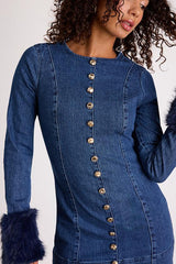 Rockefeller Medium Wash Denim Faux Fur Mini Dress