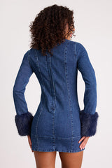 Rockefeller Medium Wash Denim Faux Fur Mini Dress