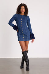 Rockefeller Medium Wash Denim Faux Fur Mini Dress