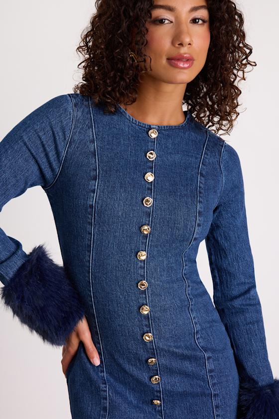 Rockefeller Medium Wash Denim Faux Fur Mini Dress