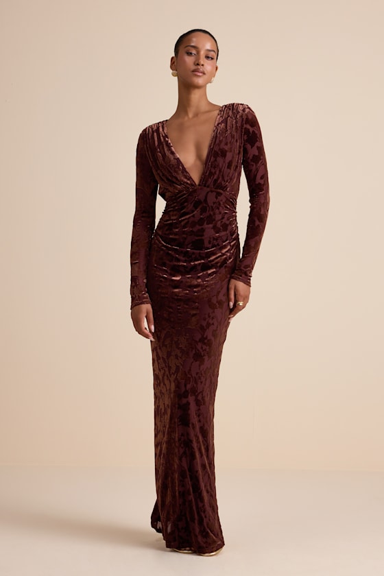 Patricia Brown Velvet Burnout Long Sleeve Maxi Dress