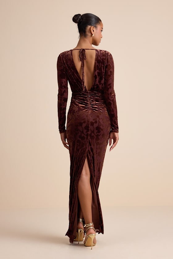 Patricia Brown Velvet Burnout Long Sleeve Maxi Dress