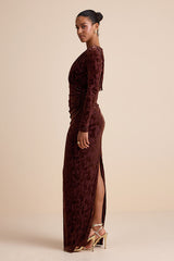 Patricia Brown Velvet Burnout Long Sleeve Maxi Dress