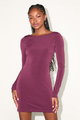 Noey Plum Purple Jersey Knit Cowl Back Long Sleeve Mini Dress