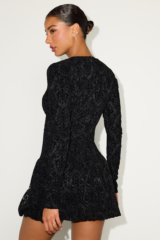 Veranda Black Lace Long Sleeve Drop Waist Mini Dress