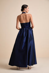 Rani Navy Taffeta Halter Maxi Dress