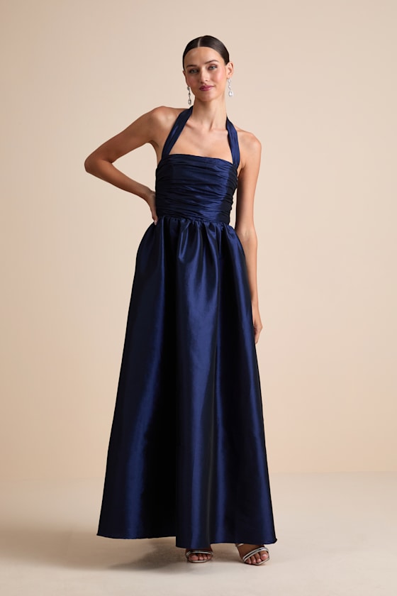 Rani Navy Taffeta Halter Maxi Dress