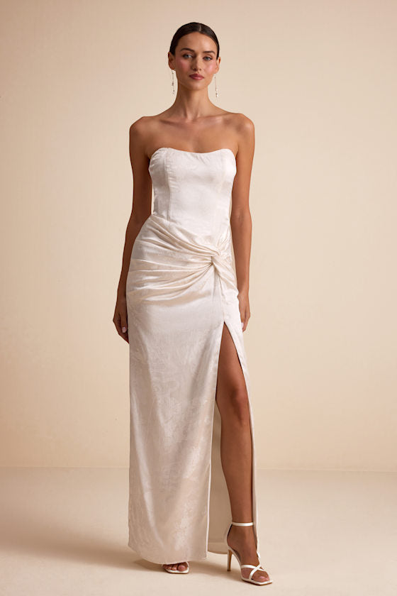 Whitney Ivory Jacquard Strapless Twist-Front Maxi Dress