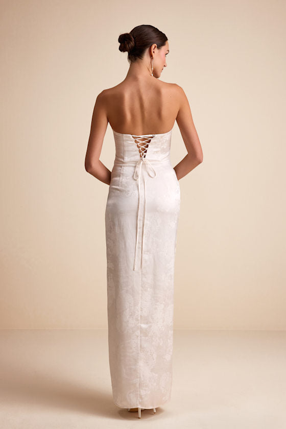 Whitney Ivory Jacquard Strapless Twist-Front Maxi Dress