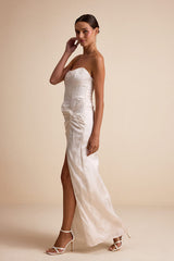 Whitney Ivory Jacquard Strapless Twist-Front Maxi Dress