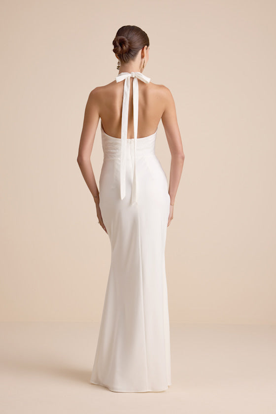 Atenea White Lace Cutout Halter Mermaid Maxi Dress