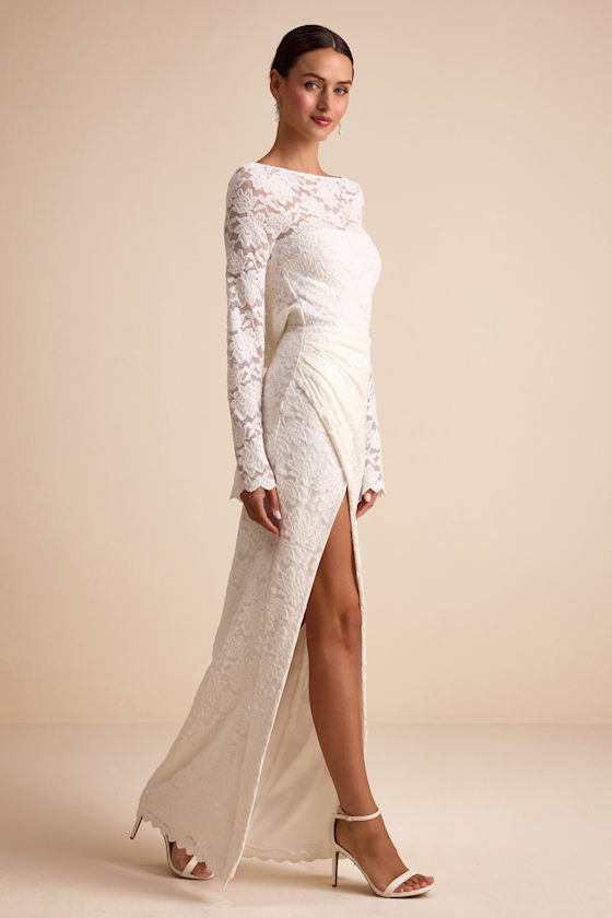 Odariya Ivory Lace Cowl Back Maxi Dress