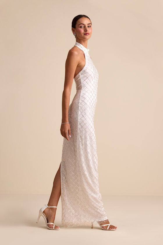 Novalea White Sequin Halter Maxi Dress