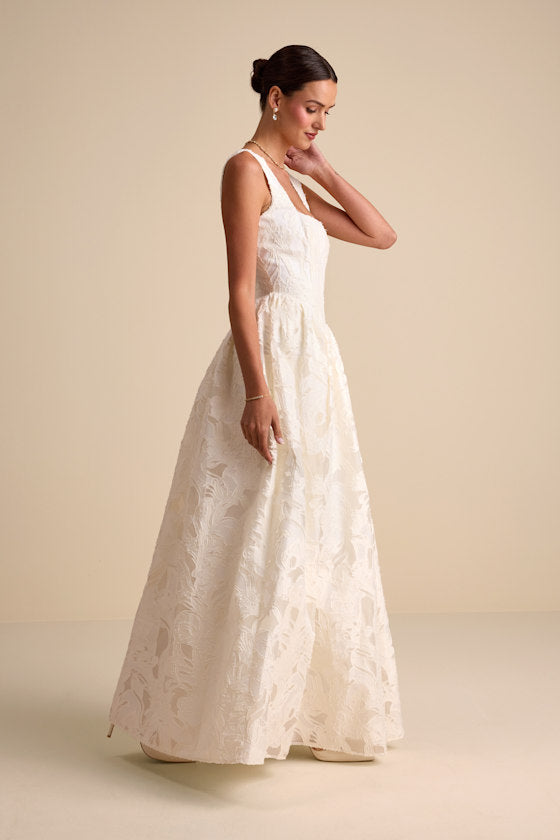 Corsen Ivory Floral Jacquard Corset A-Line Maxi Dress