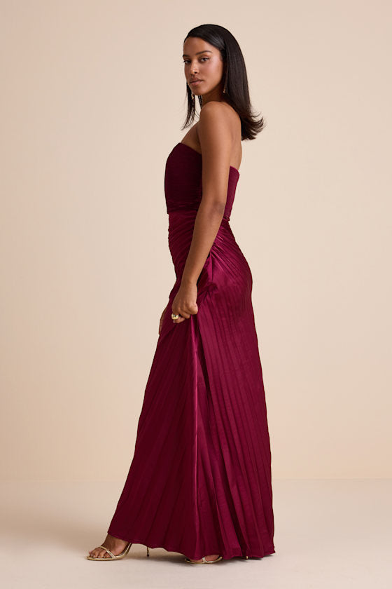 Nyrah Berry Red Satin Pleated Strapless Maxi Dress
