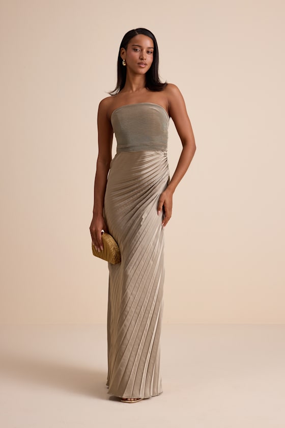 Nyrah Taupe Satin Pleated Strapless Maxi Dress