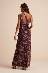 Bonelle Plum Multi Floral Metallic Clip Dot Ruffled Maxi Dress