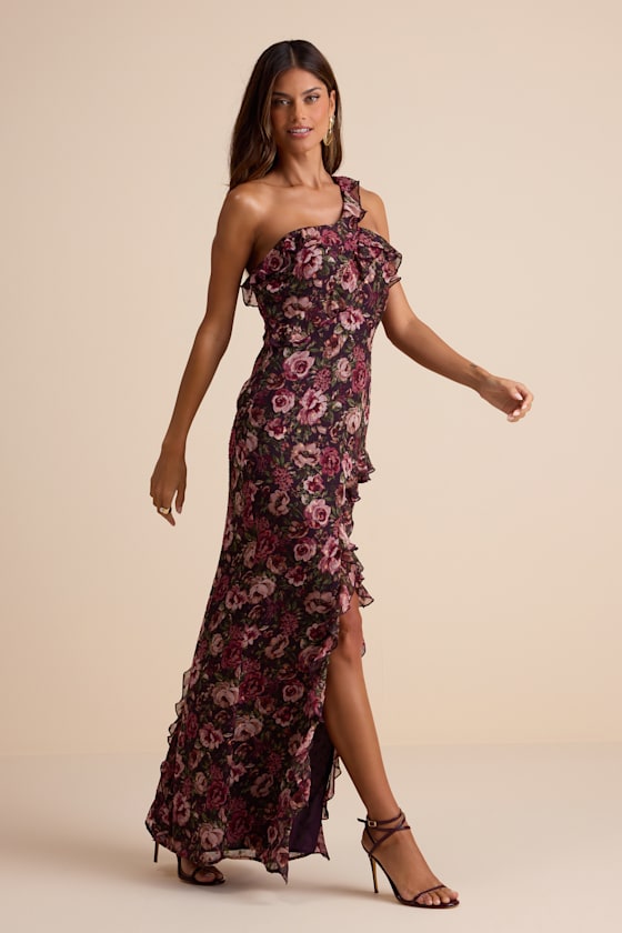 Bonelle Plum Multi Floral Metallic Clip Dot Ruffled Maxi Dress