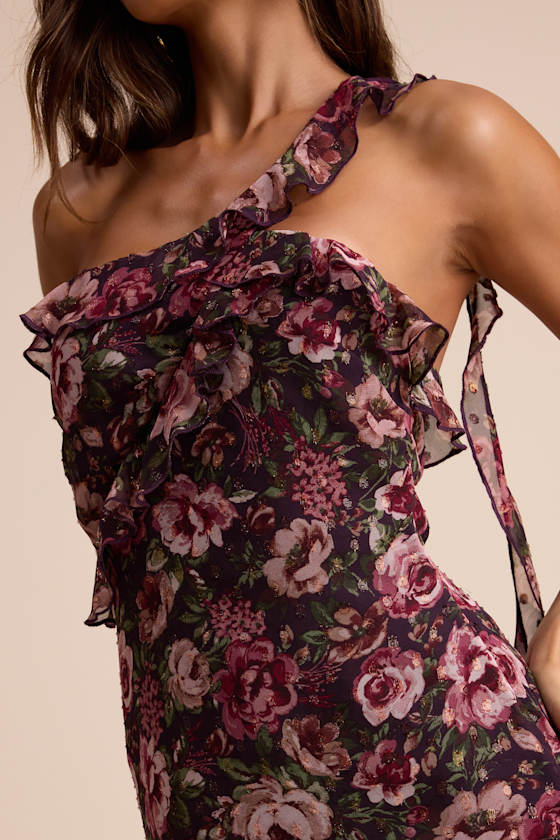 Bonelle Plum Multi Floral Metallic Clip Dot Ruffled Maxi Dress
