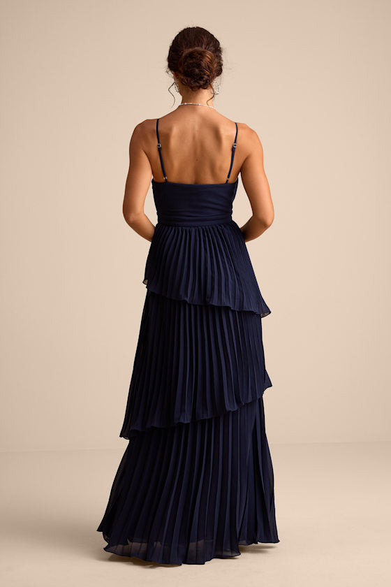 Jehona Navy Blue Pleated Tiered Maxi Dress