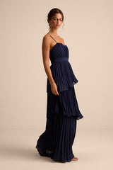 Jehona Navy Blue Pleated Tiered Maxi Dress