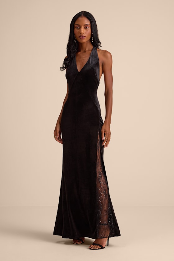 Calisto Black Velvet Halter Mermaid Maxi Dress