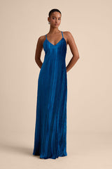 Kauri Dark Teal Blue Velvet Pleated Backless Maxi Dress