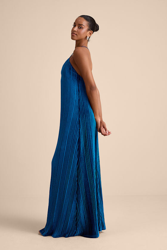 Kauri Dark Teal Blue Velvet Pleated Backless Maxi Dress