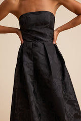 Laurelin Black Floral Jacquard Pleated Strapless Maxi Dress