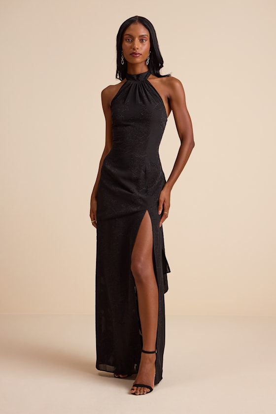Mikani Black Burnout Halter Maxi Dress