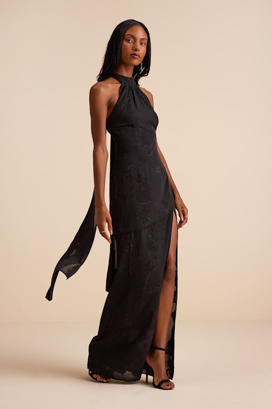 Mikani Black Burnout Halter Maxi Dress