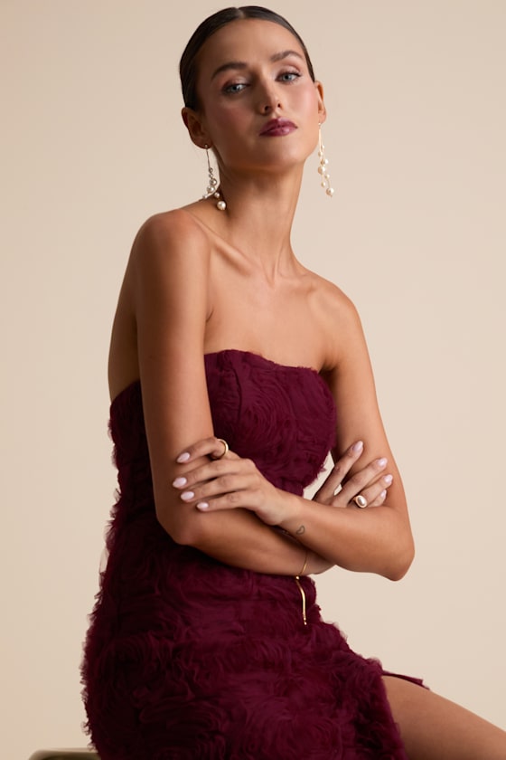 Amalia Burgundy Textured Strapless Maxi Dress
