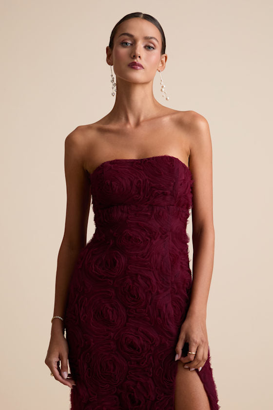 Amalia Burgundy Textured Strapless Maxi Dress