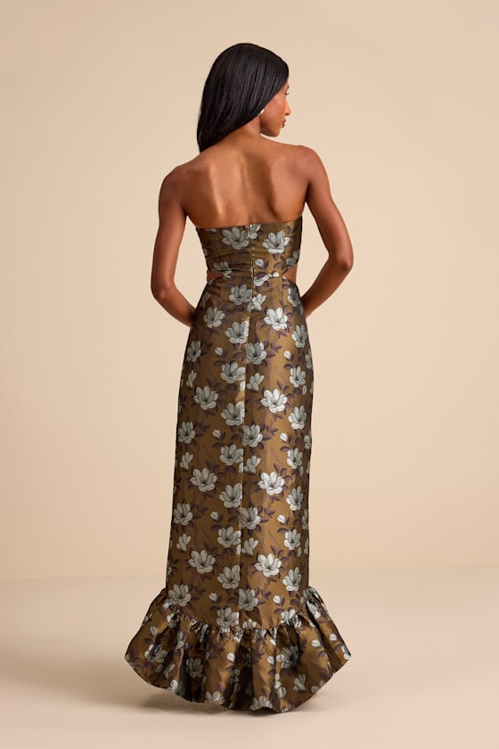 Nathania Olive Floral Jacquard Strapless Bubble-Hem Maxi Dress