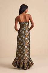 Nathania Olive Floral Jacquard Strapless Bubble-Hem Maxi Dress