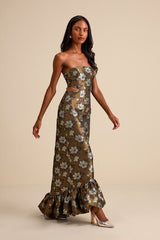 Nathania Olive Floral Jacquard Strapless Bubble-Hem Maxi Dress