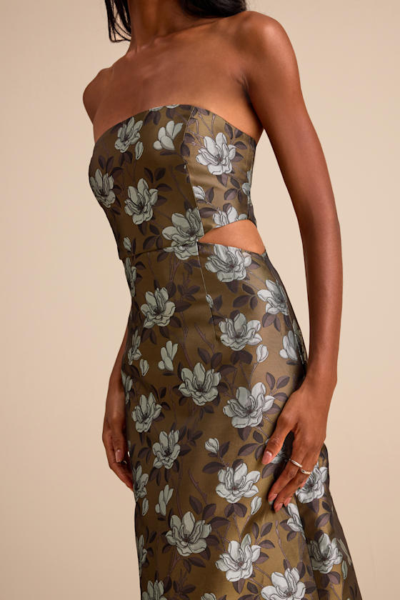 Nathania Olive Floral Jacquard Strapless Bubble-Hem Maxi Dress